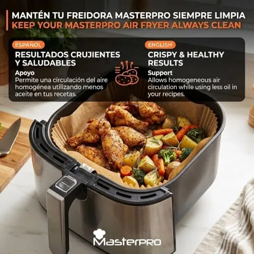 MasterPro ▫️ Papel para fritadeira de ar quente | Embalagem de 500 moldes de papel de cozinha descartáveis antiaderentes | Compatível com Cosori, Cecotec, Philips | 20 x 20 x 4,5 cm: fritadeiras de ar quente de 5 L a 8 L 6