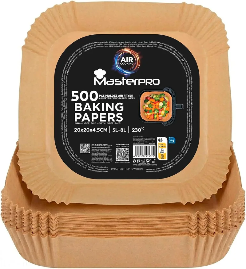 MasterPro ▫️ Papel para fritadeira de ar quente | Embalagem de 500 moldes de papel de cozinha descartáveis antiaderentes | Compatível com Cosori, Cecotec, Philips | 20 x 20 x 4,5 cm: fritadeiras de ar quente de 5 L a 8 L