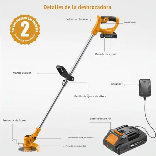 JYGMPRO ▫️ Desbastadora a bateria, Desbastadora elétrica de 21 V, Cortador de relva a bateria com 2 baterias de 2000 mAh, 2 tipos de lâminas, 11 000 RPM e motor, cabo telescópico de 85-120 cm 3