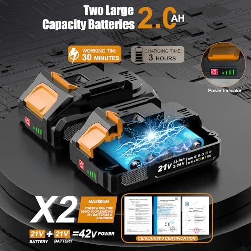 JYGMPRO ▫️ Desbastadora a bateria, Desbastadora elétrica de 21 V, Cortador de relva a bateria com 2 baterias de 2000 mAh, 2 tipos de lâminas, 11 000 RPM e motor, cabo telescópico de 85-120 cm 4