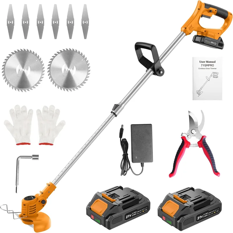 JYGMPRO ▫️ Desbastadora a bateria, Desbastadora elétrica de 21 V, Cortador de relva a bateria com 2 baterias de 2000 mAh, 2 tipos de lâminas, 11 000 RPM e motor, cabo telescópico de 85-120 cm