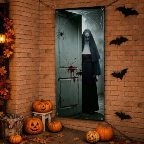 FestiKiva ▫️ Faixa para porta de Halloween, 180 x 90 cm, decoração para porta de festa (freira branca) 3