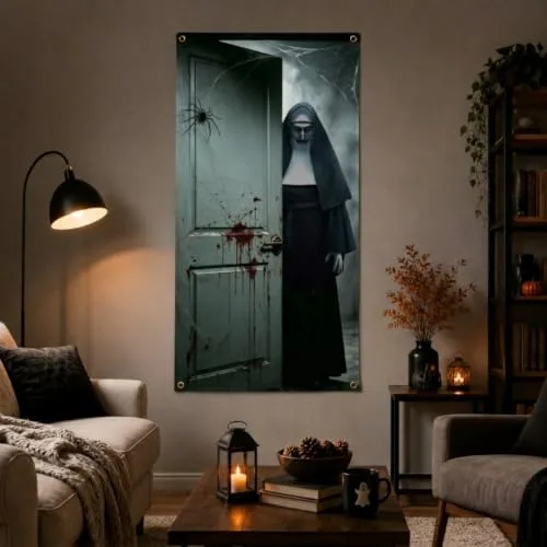 FestiKiva ▫️ Faixa para porta de Halloween, 180 x 90 cm, decoração para porta de festa (freira branca) 4