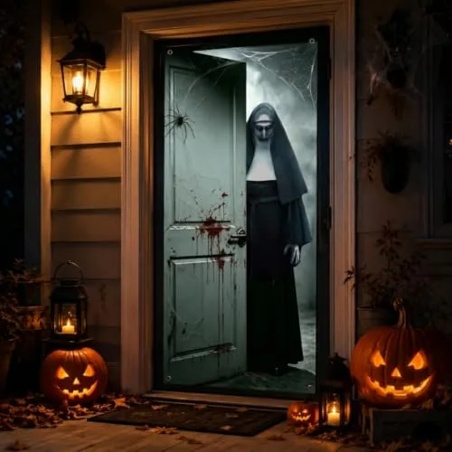 FestiKiva ▫️ Faixa para porta de Halloween, 180 x 90 cm, decoração para porta de festa (freira branca) 5
