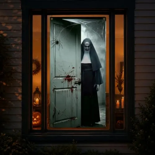 FestiKiva ▫️ Faixa para porta de Halloween, 180 x 90 cm, decoração para porta de festa (freira branca) 6
