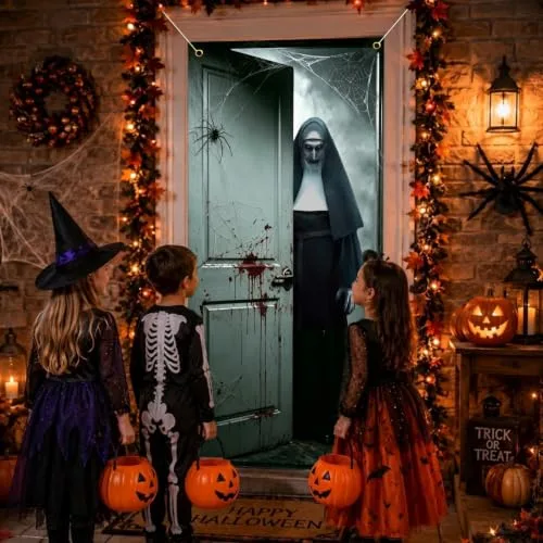 FestiKiva ▫️ Faixa para porta de Halloween, 180 x 90 cm, decoração para porta de festa (freira branca) 7