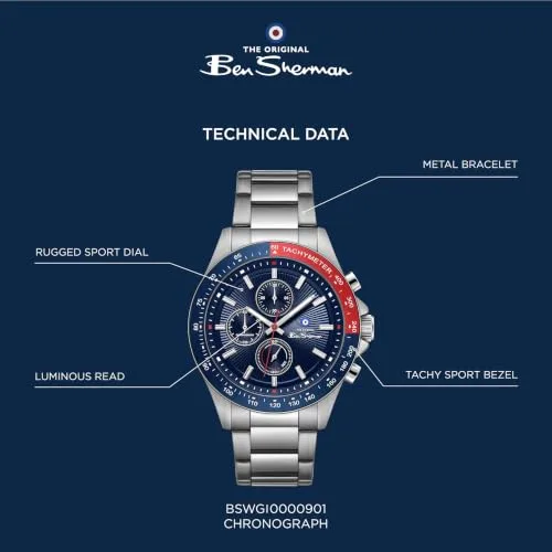Ben Sherman ▫️ Winchester - Relógio cronógrafo de quartzo com mostrador prateado e bracelete de silicone branco para homem, vidro mineral, 3 ATM, caixa de 43,2 mm 6