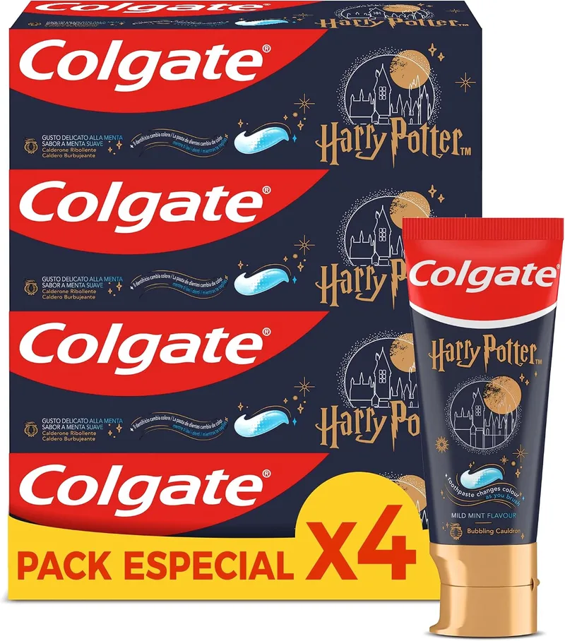 Colgate ▫️ Pasta de dentes infantil Harry Potter Caldeirão Efervescente, a partir dos 6 anos, embalagem de 4 x 50 ml, pasta de dentes com flúor para crianças, máxima proteção contra a cárie, esmalte 4 vezes mais resistente
