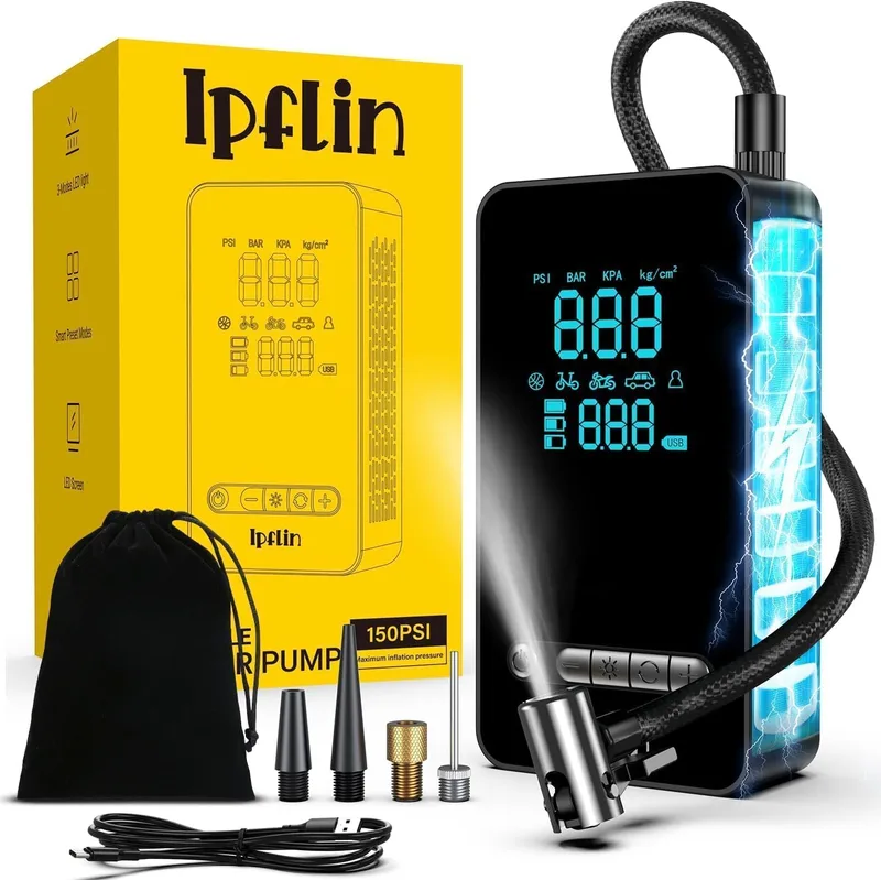 Ipflin ▫️ Inflador de Pneus de Automóvel 150 PSI – Inflador Elétrico, Compressor de Ar Portátil | Bomba para Pneus de Motos e Bicicletas – Lanterna e Bateria Recarregável, SOS de Emergência, Carregamento USB para Viagens em Família