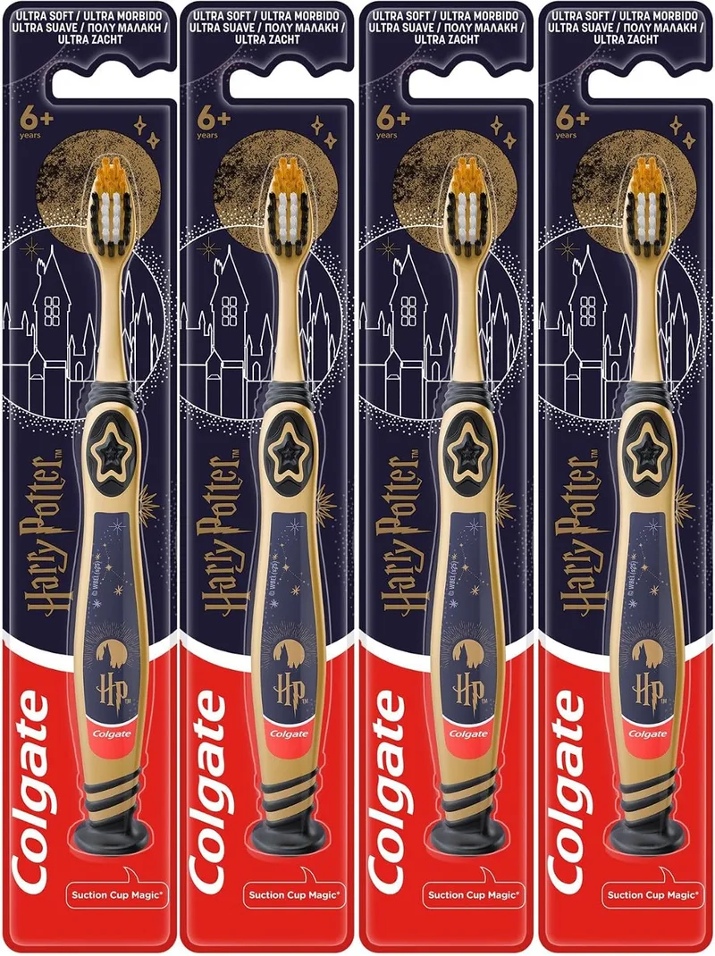 Colgate ▫️ Escova de dentes infantil Harry Potter para maiores de 6 anos, 4 unidades, para dentes de leite e definitivos, limpa os dentes posteriores, cerdas brancas, douradas e pretas, ventosa para armazenamento vertical