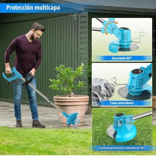 LEEIKOO ▫️ Cortador de ervas daninhas a bateria de 21 V, cortador de ervas daninhas elétrico com 2 baterias de 2,0 Ah, 2 tipos de lâminas metálicas para cortador de ervas daninhas a bateria, tesouras de podar, cortador de ervas daninhas sem fios com cabeça ajustável para jardim (azul) 6