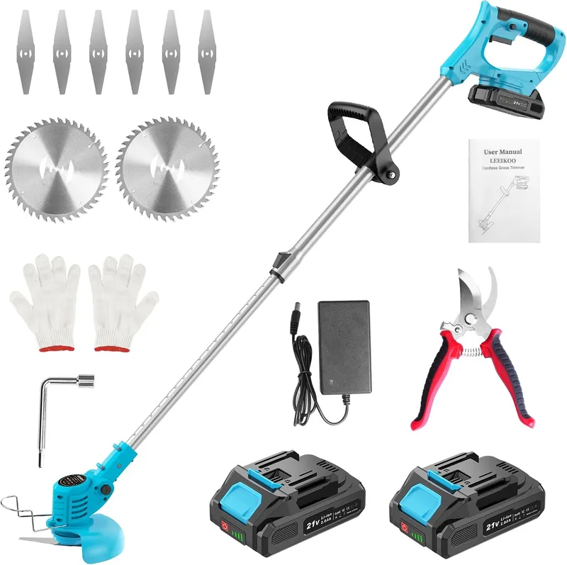 LEEIKOO ▫️ Cortador de ervas daninhas a bateria de 21 V, cortador de ervas daninhas elétrico com 2 baterias de 2,0 Ah, 2 tipos de lâminas metálicas para cortador de ervas daninhas a bateria, tesouras de podar, cortador de ervas daninhas sem fios com cabeça ajustável para jardim (azul)