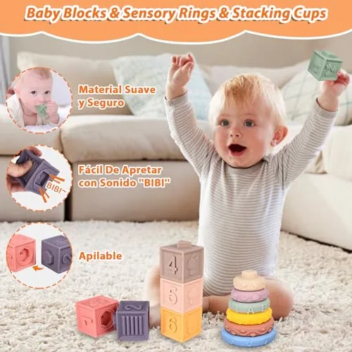 IEEILULU ▫️ 6 em 1 Brinquedos Montessori para bebés, brinquedos para bebés dos 6 aos 12 meses, blocos de construção empilháveis, caixa de lenços, brinquedos Montessori para crianças pequenas de 1, 2 e 3 anos, presente 2