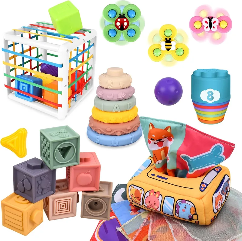 IEEILULU ▫️ 6 em 1 Brinquedos Montessori para bebés, brinquedos para bebés dos 6 aos 12 meses, blocos de construção empilháveis, caixa de lenços, brinquedos Montessori para crianças pequenas de 1, 2 e 3 anos, presente