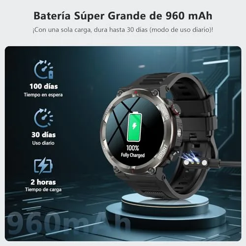 IOWODO ▫️ Relógio inteligente para homem com chamadas, lanterna e bússola, bateria de 960 mAh, ecrã de 1,45" Relógio inteligente militar para homem com 123 modos desportivos, monitor de frequência cardíaca 24 horas/SpO2/sono, contador de passos, IP68, 2 braceletes (iOS/Android) 3