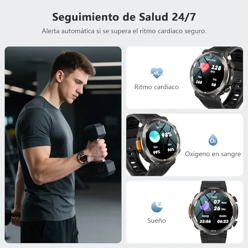 IOWODO ▫️ Relógio inteligente para homem com chamadas, lanterna e bússola, bateria de 960 mAh, ecrã de 1,45" Relógio inteligente militar para homem com 123 modos desportivos, monitor de frequência cardíaca 24 horas/SpO2/sono, contador de passos, IP68, 2 braceletes (iOS/Android) 6
