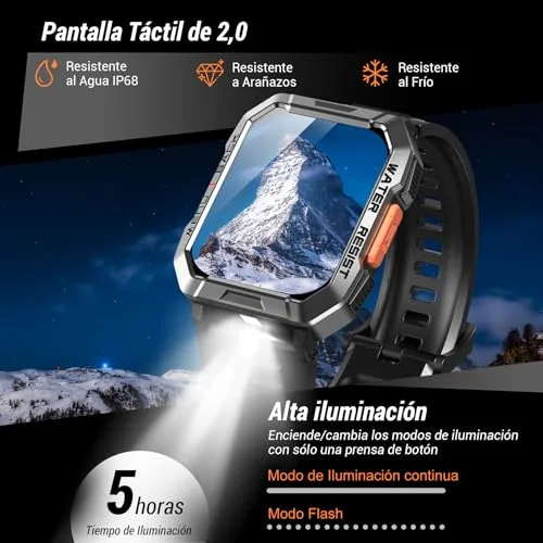 IOWODO ▫️ Relógio inteligente para homem com lanterna e bússola, 2,01", relógio inteligente militar para homem com chamadas Bluetooth/notificações, IP68, monitor de sono, pulsómetro, SpO2, contador de passos, mais de 100 modos desportivos para Android e iOS 2