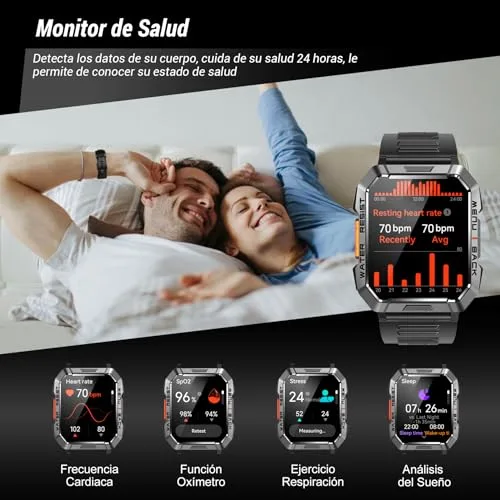 IOWODO ▫️ Relógio inteligente para homem com lanterna e bússola, 2,01", relógio inteligente militar para homem com chamadas Bluetooth/notificações, IP68, monitor de sono, pulsómetro, SpO2, contador de passos, mais de 100 modos desportivos para Android e iOS 5