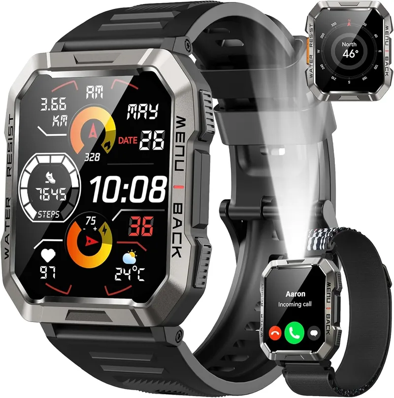 IOWODO ▫️ Relógio inteligente para homem com lanterna e bússola, 2,01", relógio inteligente militar para homem com chamadas Bluetooth/notificações, IP68, monitor de sono, pulsómetro, SpO2, contador de passos, mais de 100 modos desportivos para Android e iOS