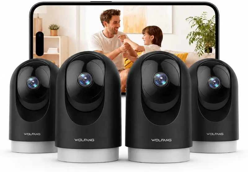 WOLFANG ▫️ Câmera de vigilância interior 2K, câmera de vigilância doméstica Wi-Fi 360° PTZ com acompanhamento, visão noturna e áudio bidirecional, câmera de vigilância para cães, compatível com Alexa, pacote de 4