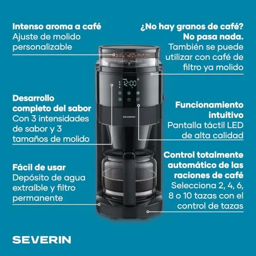 Severin ▫️ Máquina de café por gotejamento com moedor integrado. 900 W, jarro de vidro, capacidade de 1,25 l, até 10 chávenas, sistema anti-gotejamento, temporizador, preto, 9216 4