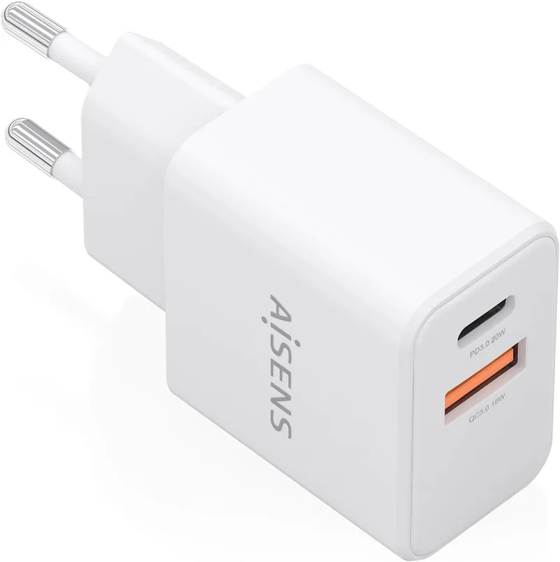 AISENS ▫️ Carregador GAN 20 W, 1 x USB-C PD3.0, 1 x USB-A QC3.0, Branco