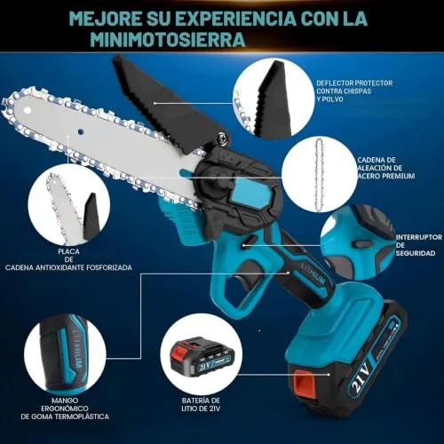 enlik ▫️ Mini-motosserra a bateria de 6 polegadas, motor sem escovas de 1000 W, motosserra elétrica com baterias de 4000 mAh e 2 correntes, motosserra portátil sem fios para podar árvores de jardim e madeira 5