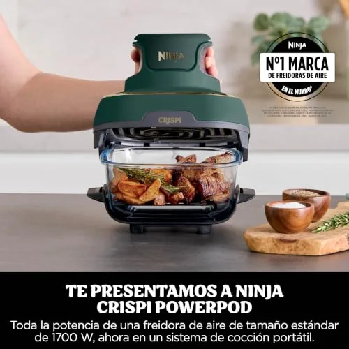 Ninja ▫️ CRISPi Fritadeira de ar portátil 4 em 1, 3,8 L / 2,3 L / 1,4 L: Fritar com ar, Assar, Manter a temperatura, Dourar. Compacta, 6 porções, 3 recipientes de vidro com tampas, 1700 W, Verde FN103EUGN 2