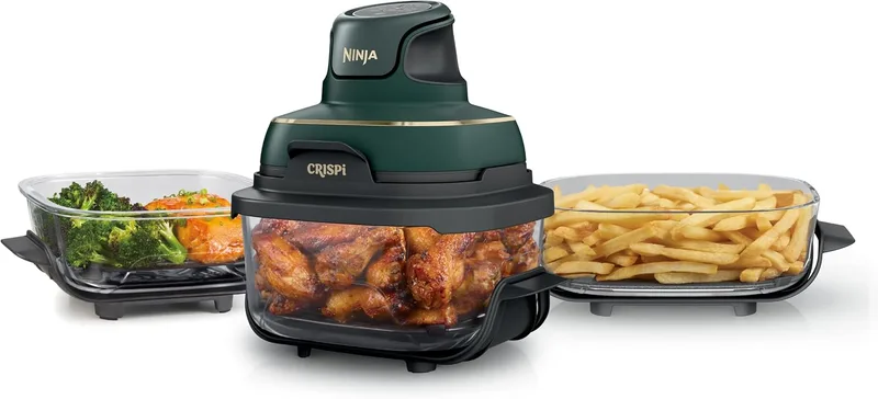 Ninja ▫️ CRISPi Fritadeira de ar portátil 4 em 1, 3,8 L / 2,3 L / 1,4 L: Fritar com ar, Assar, Manter a temperatura, Dourar. Compacta, 6 porções, 3 recipientes de vidro com tampas, 1700 W, Verde FN103EUGN