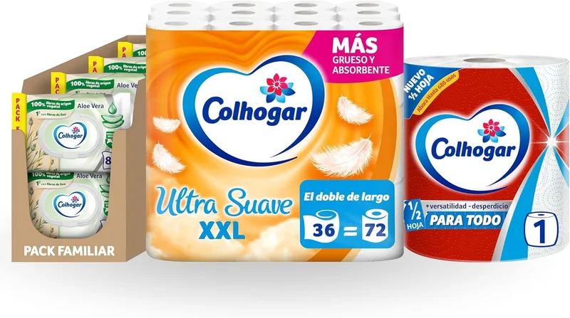 Colhogar ▫️ Conjunto «Casa Completa»: Papel de cozinha Paratodo Jumbo 1 rolo + Papel higiénico Ultra Suave XXL 36 rolos + Toalhitas húmidas com aloé 8x80