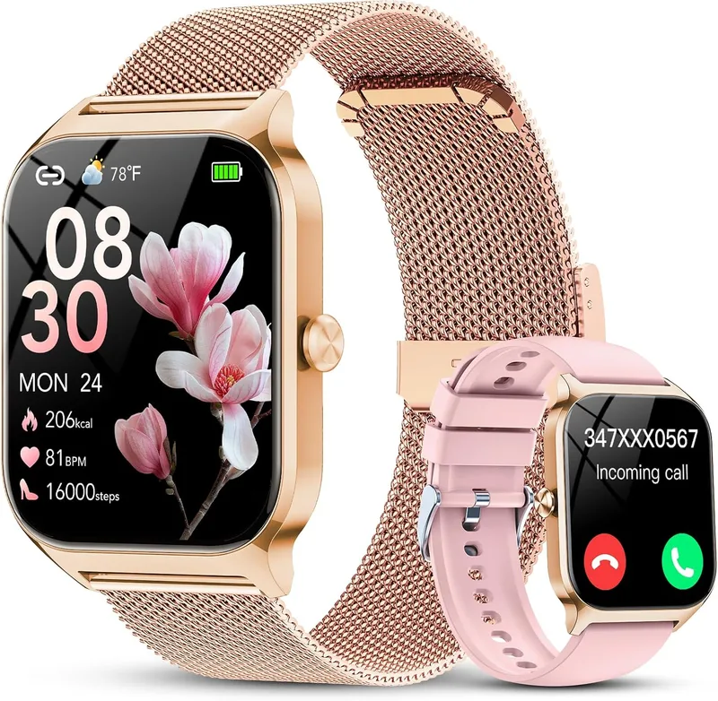 CASCHO ▫️ Relógio inteligente para mulher com chamadas Bluetooth, assistente de IA e notificações do WhatsApp; relógio inteligente de 1,85" para mulher com pulsómetro/SpO2/medidor de stress/monitor de sono e mais de 120 modos desportivos para iPhone e Android (2 braceletes)