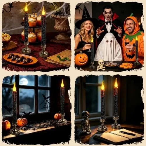 LQTSLFM ▫️ Conjunto de 2 velas LED de Halloween de 24,5 cm – Velas de Halloween sem chama que pingam sangue, pretas, com pilhas, para festas, presentes e decoração de casa 7