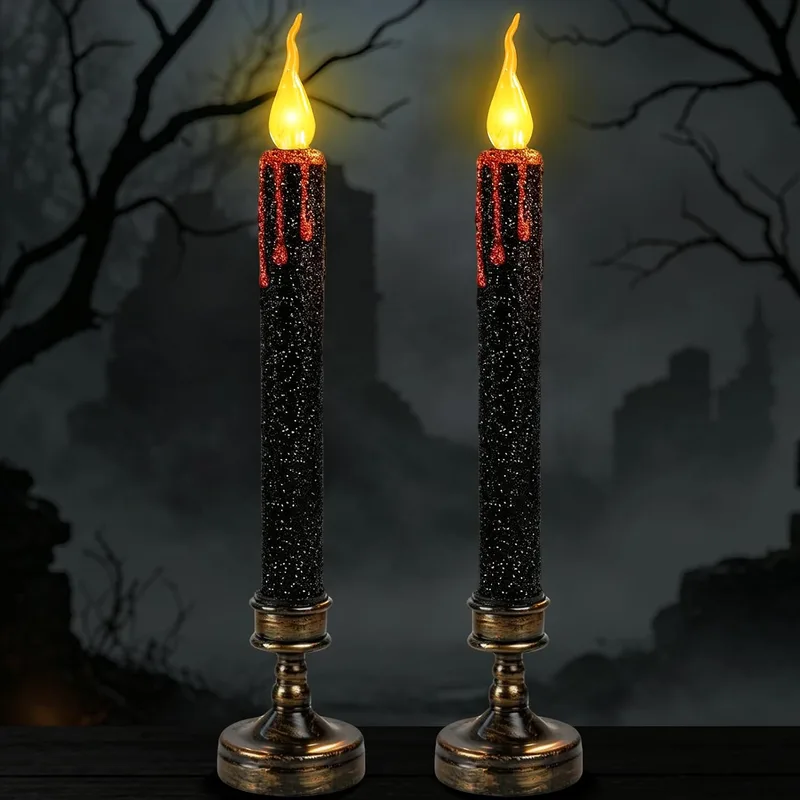 LQTSLFM ▫️ Conjunto de 2 velas LED de Halloween de 24,5 cm – Velas de Halloween sem chama que pingam sangue, pretas, com pilhas, para festas, presentes e decoração de casa