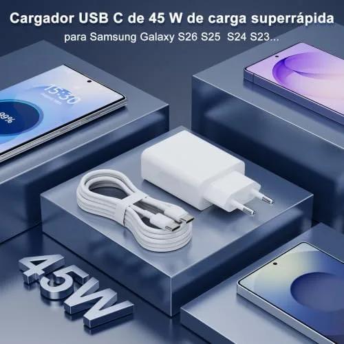 BIHPJD ▫️ Carregador de 45 W com carregamento rápido, conjunto de 2 carregadores USB-C de 45 W com cabo Tipo C de 2 m para Samsung Galaxy S26/S25/S24/S23/S22/S21 Ultra 2