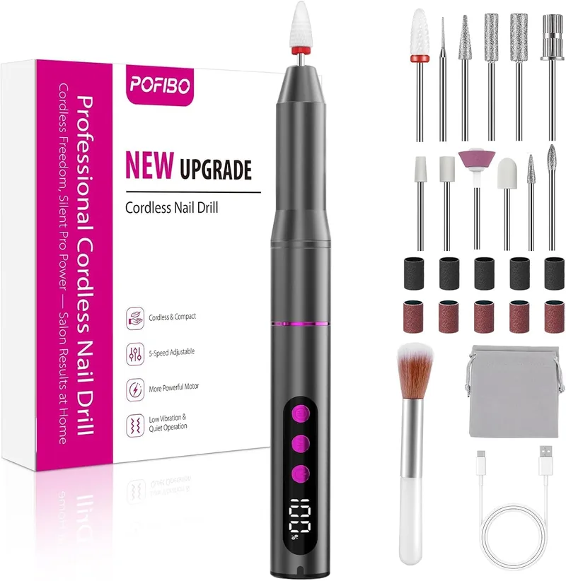 POFIBO ▫️ Máquina profissional para unhas, 35 000 RPM, USB, conjunto de manicure 12 em 1