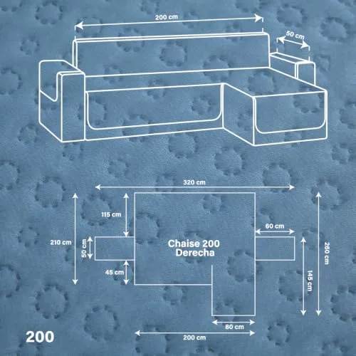 Todocama ▫️ Capa para Sofá Chaise Long Reta 200 cm, Proteção Acolchoada em Piqué, Anti-ácaros, Fácil de Limpar, (Azul Acinzentado) 2
