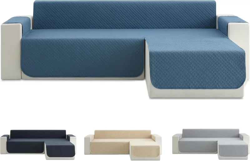 Todocama ▫️ Capa para Sofá Chaise Long Reta 200 cm, Proteção Acolchoada em Piqué, Anti-ácaros, Fácil de Limpar, (Azul Acinzentado)