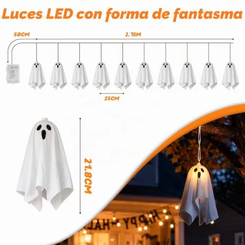Aluusy ▫️ Decoração de Fantasmas para o Halloween, Corrente de Luzes LED de 2,75 m com Fantasmas Suspensos para o Exterior, 8 Modos, Bateria e Temporizador, Luzes Decorativas de Halloween para Interior, Festa 2
