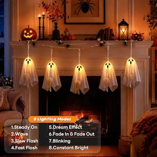 Aluusy ▫️ Decoração de Fantasmas para o Halloween, Corrente de Luzes LED de 2,75 m com Fantasmas Suspensos para o Exterior, 8 Modos, Bateria e Temporizador, Luzes Decorativas de Halloween para Interior, Festa 3