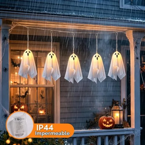 Aluusy ▫️ Decoração de Fantasmas para o Halloween, Corrente de Luzes LED de 2,75 m com Fantasmas Suspensos para o Exterior, 8 Modos, Bateria e Temporizador, Luzes Decorativas de Halloween para Interior, Festa 4