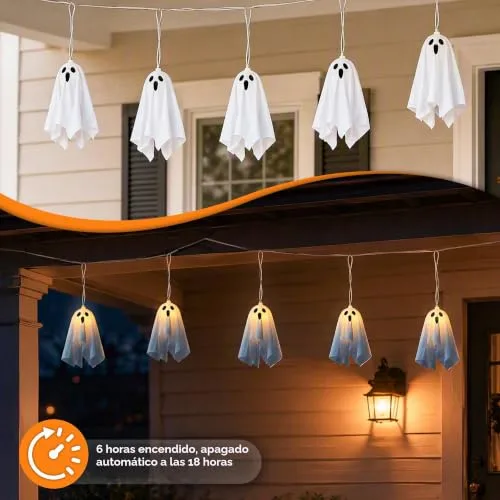 Aluusy ▫️ Decoração de Fantasmas para o Halloween, Corrente de Luzes LED de 2,75 m com Fantasmas Suspensos para o Exterior, 8 Modos, Bateria e Temporizador, Luzes Decorativas de Halloween para Interior, Festa 5