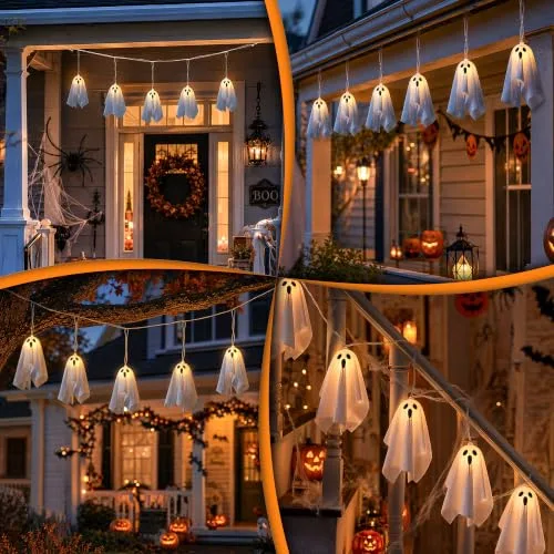 Aluusy ▫️ Decoração de Fantasmas para o Halloween, Corrente de Luzes LED de 2,75 m com Fantasmas Suspensos para o Exterior, 8 Modos, Bateria e Temporizador, Luzes Decorativas de Halloween para Interior, Festa 6
