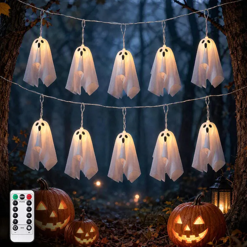 Aluusy ▫️ Decoração de Fantasmas para o Halloween, Corrente de Luzes LED de 2,75 m com Fantasmas Suspensos para o Exterior, 8 Modos, Bateria e Temporizador, Luzes Decorativas de Halloween para Interior, Festa
