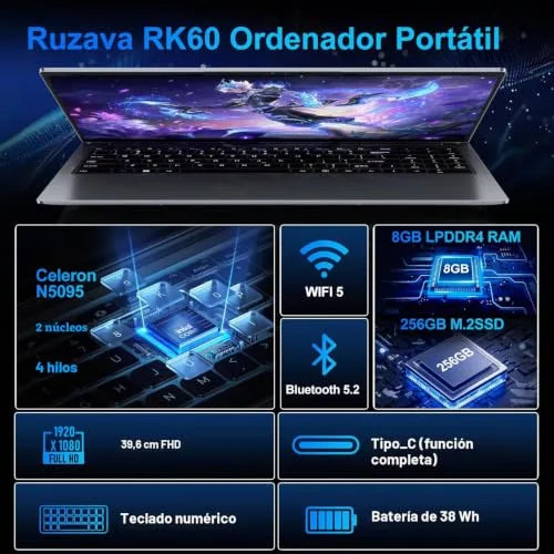 bvate ▫️ 2026 Portátil de 15,6 polegadas com Celeron N5095, Windows 11 Pro, 8 GB de RAM, SSD de 256 GB | Expansão até 1 TB, 5G, Wi-Fi, FHD, Bluetooth 4.2, 2,9 GHz, HDMI, USB 3.0, portátil com rato sem fios e teclado de membrana em espanhol - cinzento 2