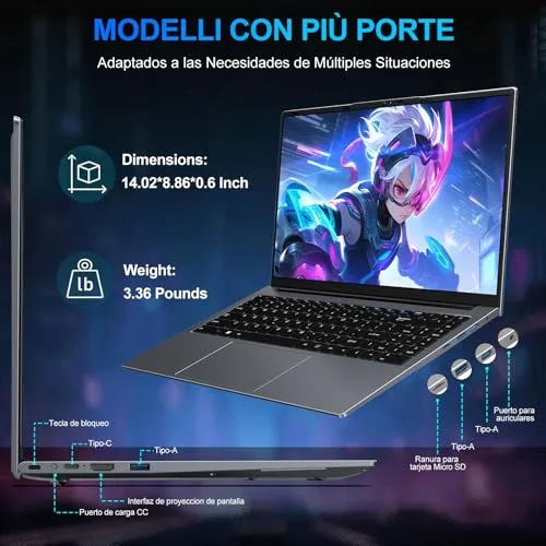 bvate ▫️ 2026 Portátil de 15,6 polegadas com Celeron N5095, Windows 11 Pro, 8 GB de RAM, SSD de 256 GB | Expansão até 1 TB, 5G, Wi-Fi, FHD, Bluetooth 4.2, 2,9 GHz, HDMI, USB 3.0, portátil com rato sem fios e teclado de membrana em espanhol - cinzento 5