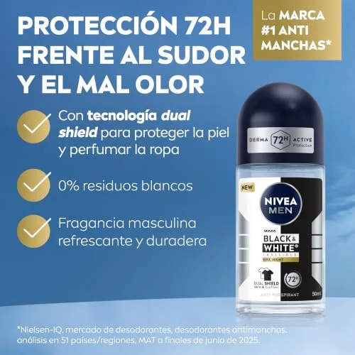 NIVEA ▫️ Desodorizante MEN Black & White Epic Night, roll-on, embalagem de 6 x 50 ml 2