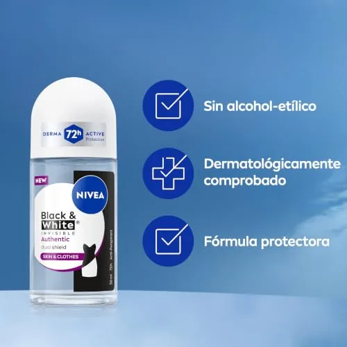 NIVEA ▫️ Black & White Authentic Desodorizante para Mulher, Roll-On, embalagem de 6 x 50 ml 6