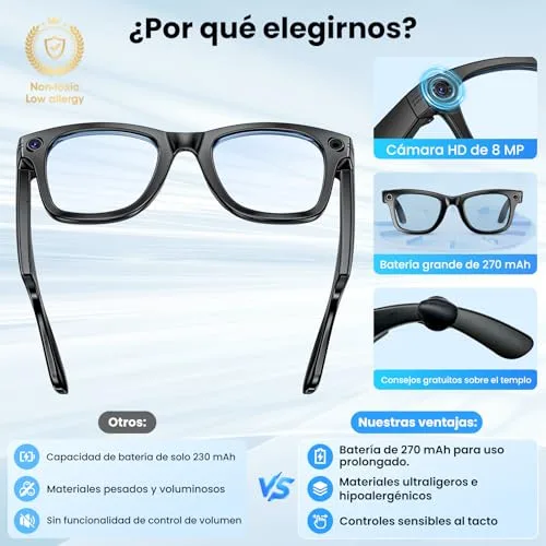 Mingtawn ▫️ Óculos inteligentes com câmara de 8 MP, óculos com IA, Bluetooth/Wi-Fi, óculos inteligentes com fotografia/gravação/chamadas/música/tradução/reconhecimento de imagens, lentes fotocromáticas + lentes azuis 4