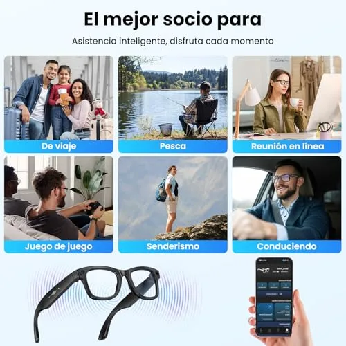 Mingtawn ▫️ Óculos inteligentes com câmara de 8 MP, óculos com IA, Bluetooth/Wi-Fi, óculos inteligentes com fotografia/gravação/chamadas/música/tradução/reconhecimento de imagens, lentes fotocromáticas + lentes azuis 6