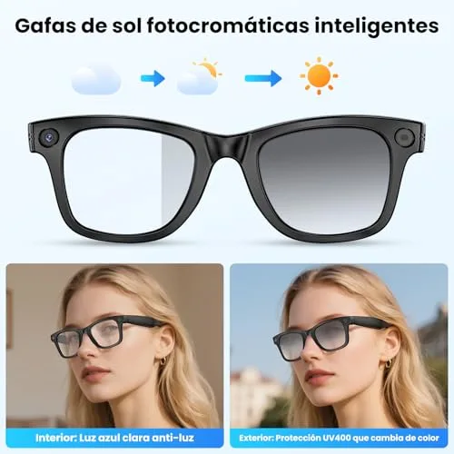 Mingtawn ▫️ Óculos inteligentes com câmara de 8 MP, óculos com IA, Bluetooth/Wi-Fi, óculos inteligentes com fotografia/gravação/chamadas/música/tradução/reconhecimento de imagens, lentes fotocromáticas + lentes azuis 7